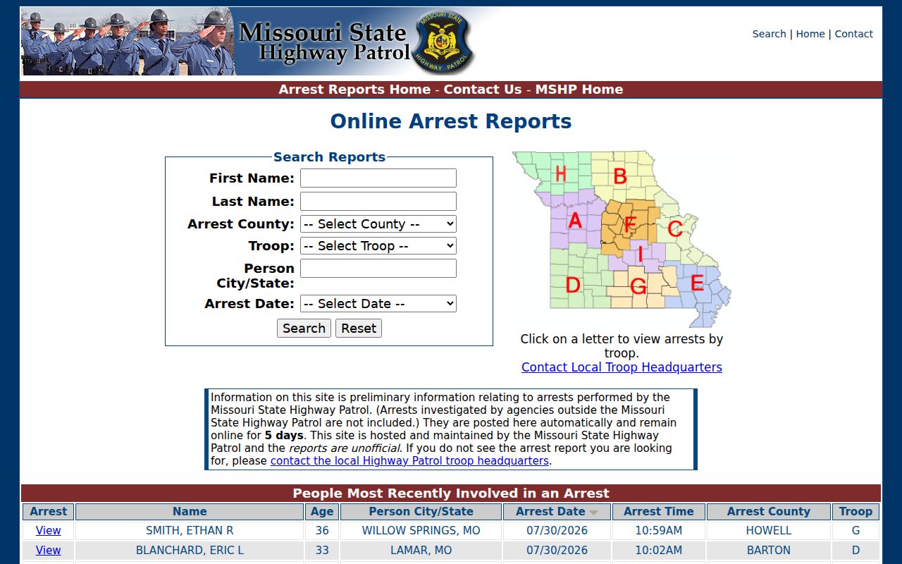 Douglas County arrest records MSHP five-day portal